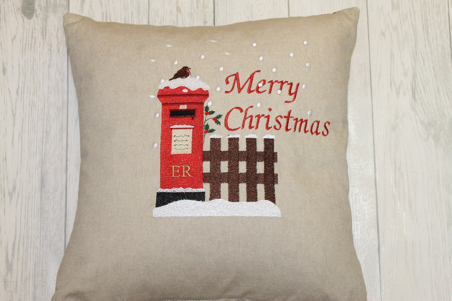 16” Christmas Cushion.Letters to Santa Cushion snowy postbox and robin nostalgic Xmas scene handmade Christmas cushion