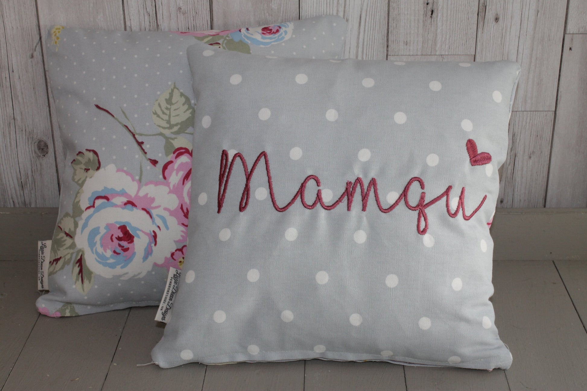 Mother's Day Gift -16"Mother's Day Cushion - Gift for Mum.-Gift for Mamgu - Personalised Mothers Gift -Pale Blue Dotty and Floral