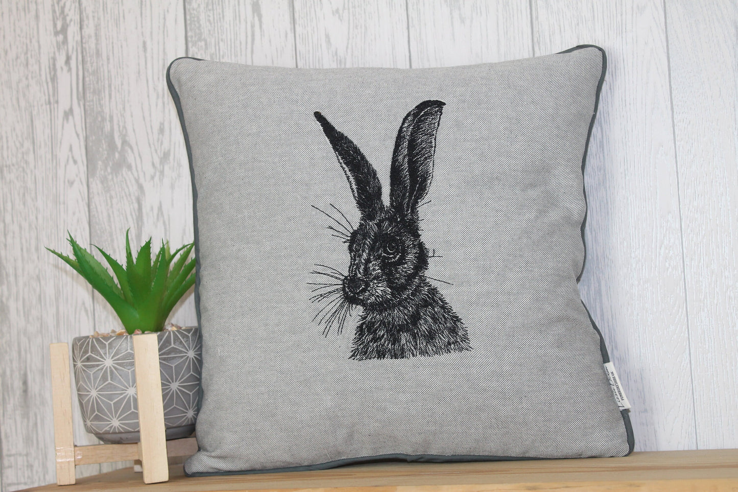 Hare Cushion,14" Grey Cushion British Wildlife collection. Piped cushion Cover, Embroidered cushion, sofa cushion, double sided