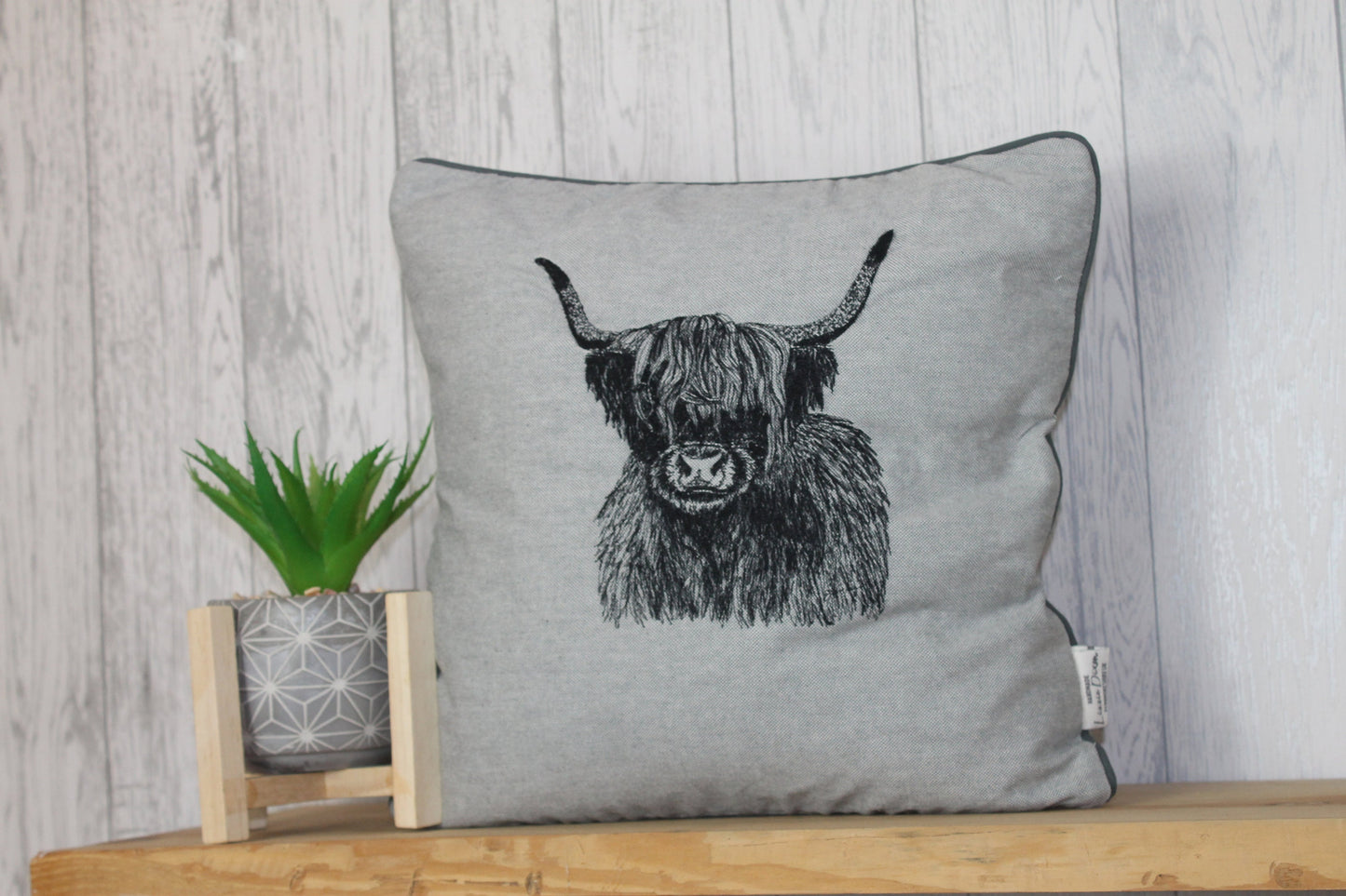 Highland Cow Cushion,14" Grey Cushion- British Wildlife collection-piped cushion-double sided-embroidered cushion- cushion-cushion cover