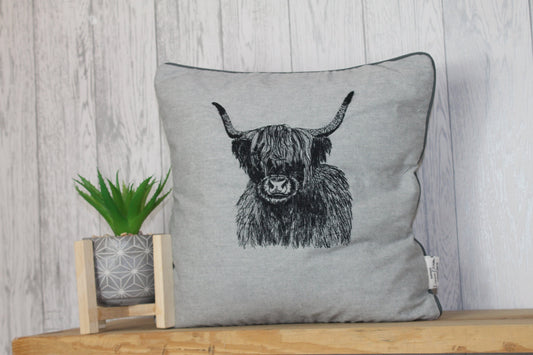 Highland Cow Cushion,14" Grey Cushion- British Wildlife collection-piped cushion-double sided-embroidered cushion- cushion-cushion cover