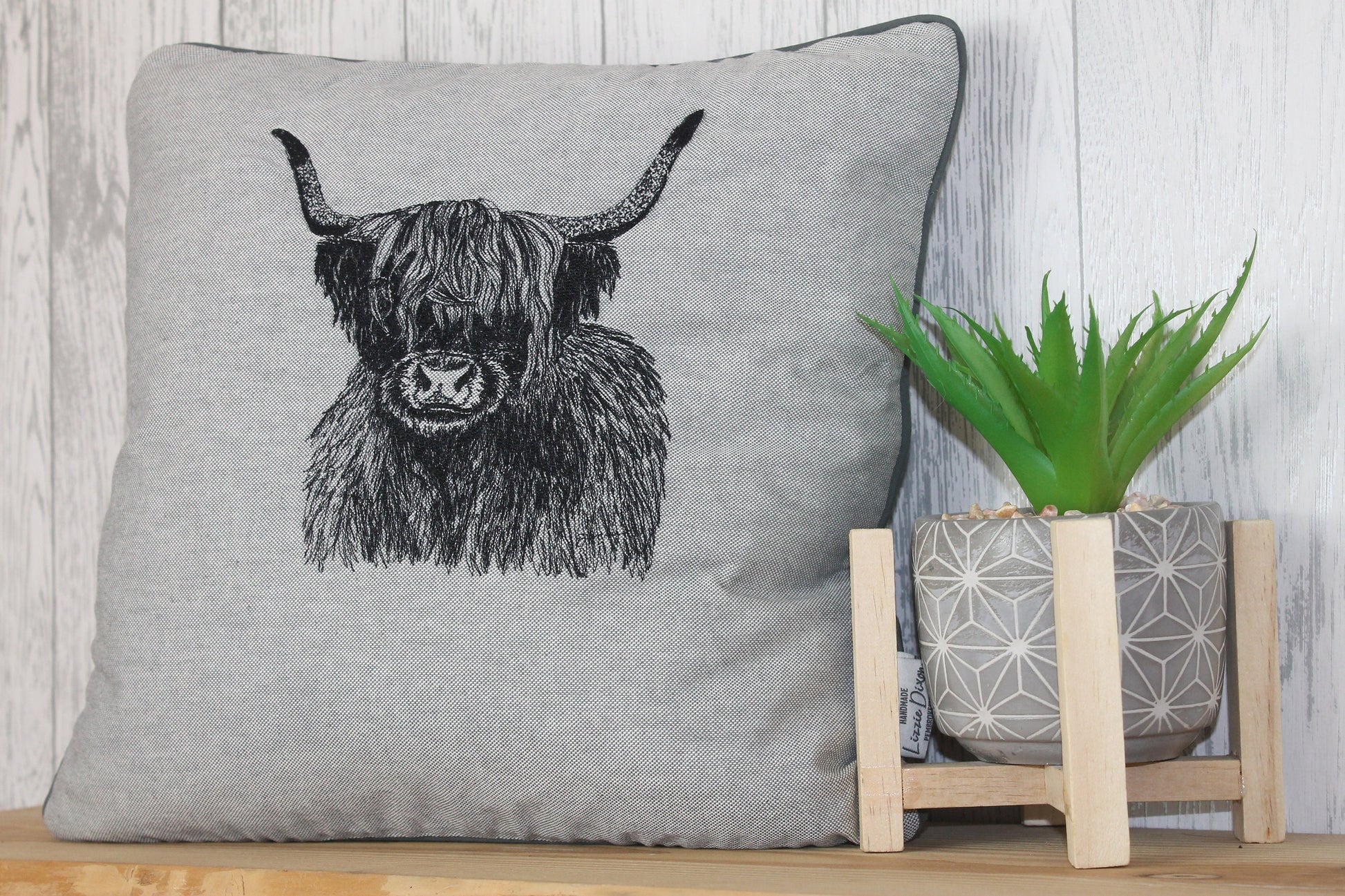 Highland Cow Cushion,14" Grey Cushion- British Wildlife collection-piped cushion-double sided-embroidered cushion- cushion-cushion cover