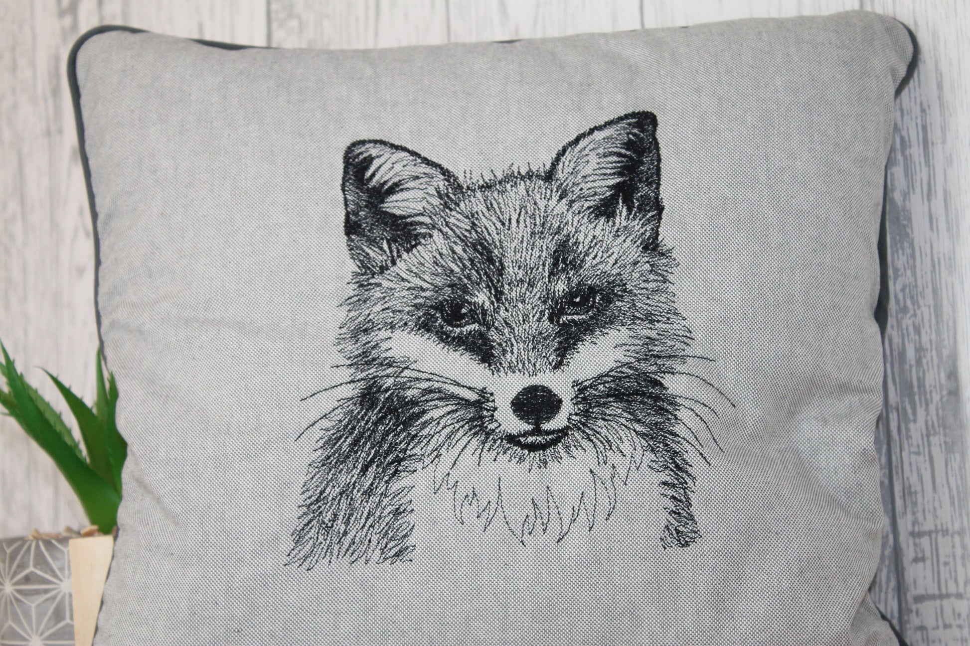 Fox Head Cushion, 14"Grey Cushion, Fox Cushion, British Wildlife collection- Piped Cushion- double sided-Cushion- cushion cover-Embroidered