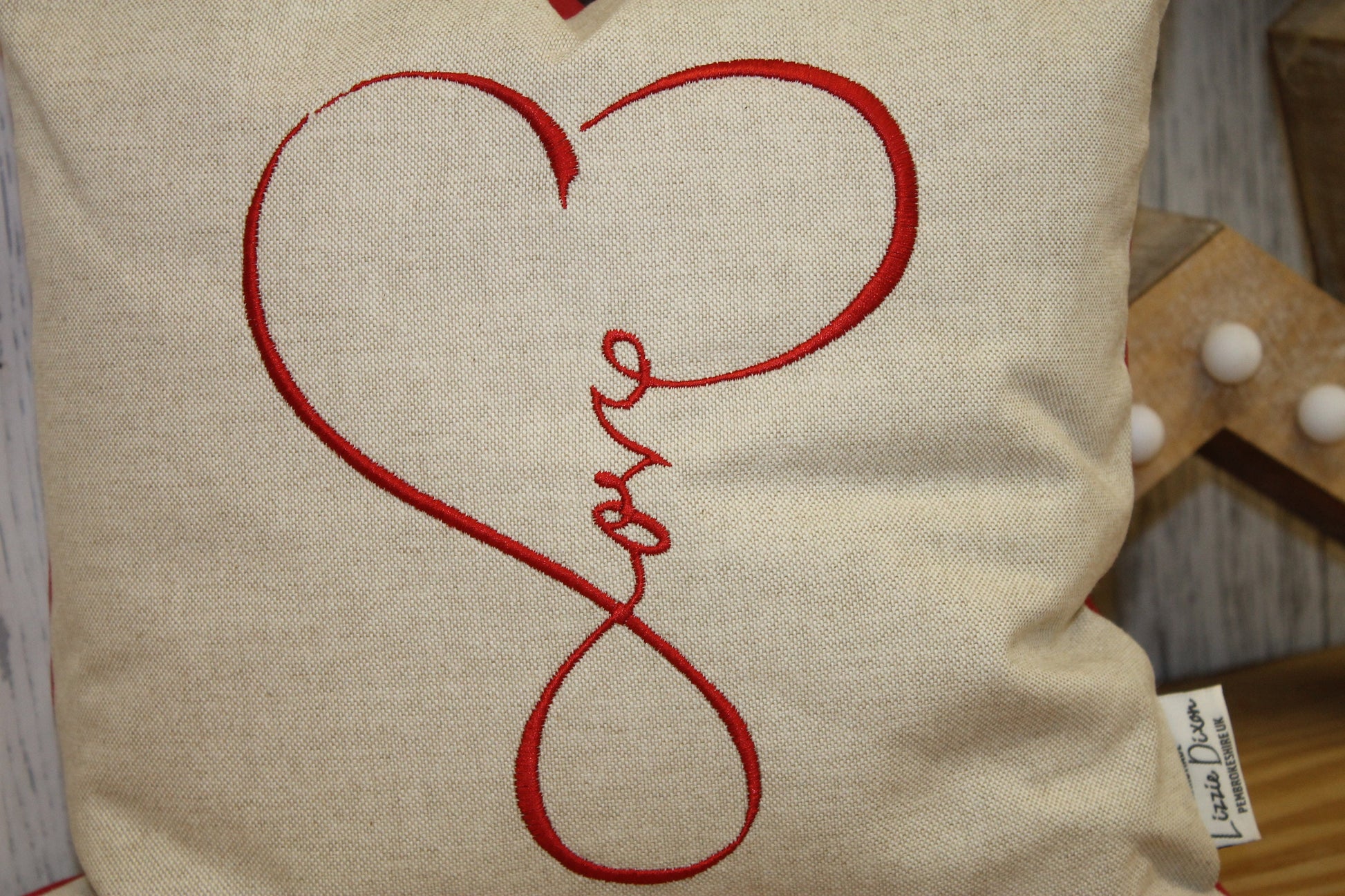 Love Cushion, Taupe and Red . 14" Square Love Pillow,Cuddle Cushion, Handmade Welsh Gift, Valentines gift for her or him, love gift