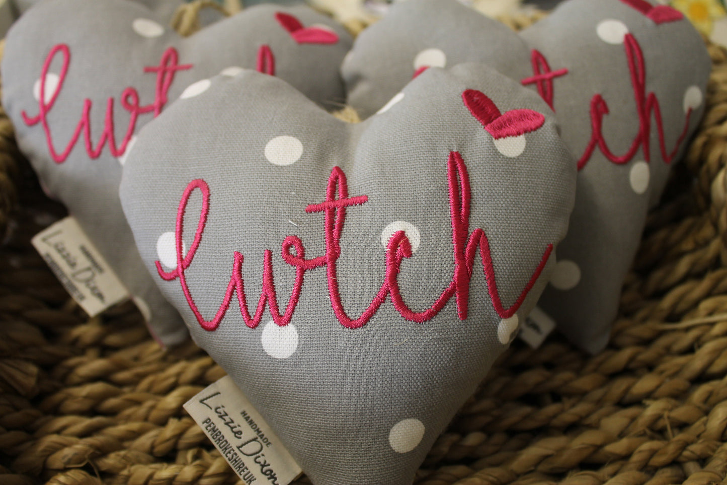 Cwtch Hanging Heart Grey and Bright Pink Hanging heart-Lavender hanging heart- Cwtch Bright pink and Grey Dotty fabric Hanging Heart