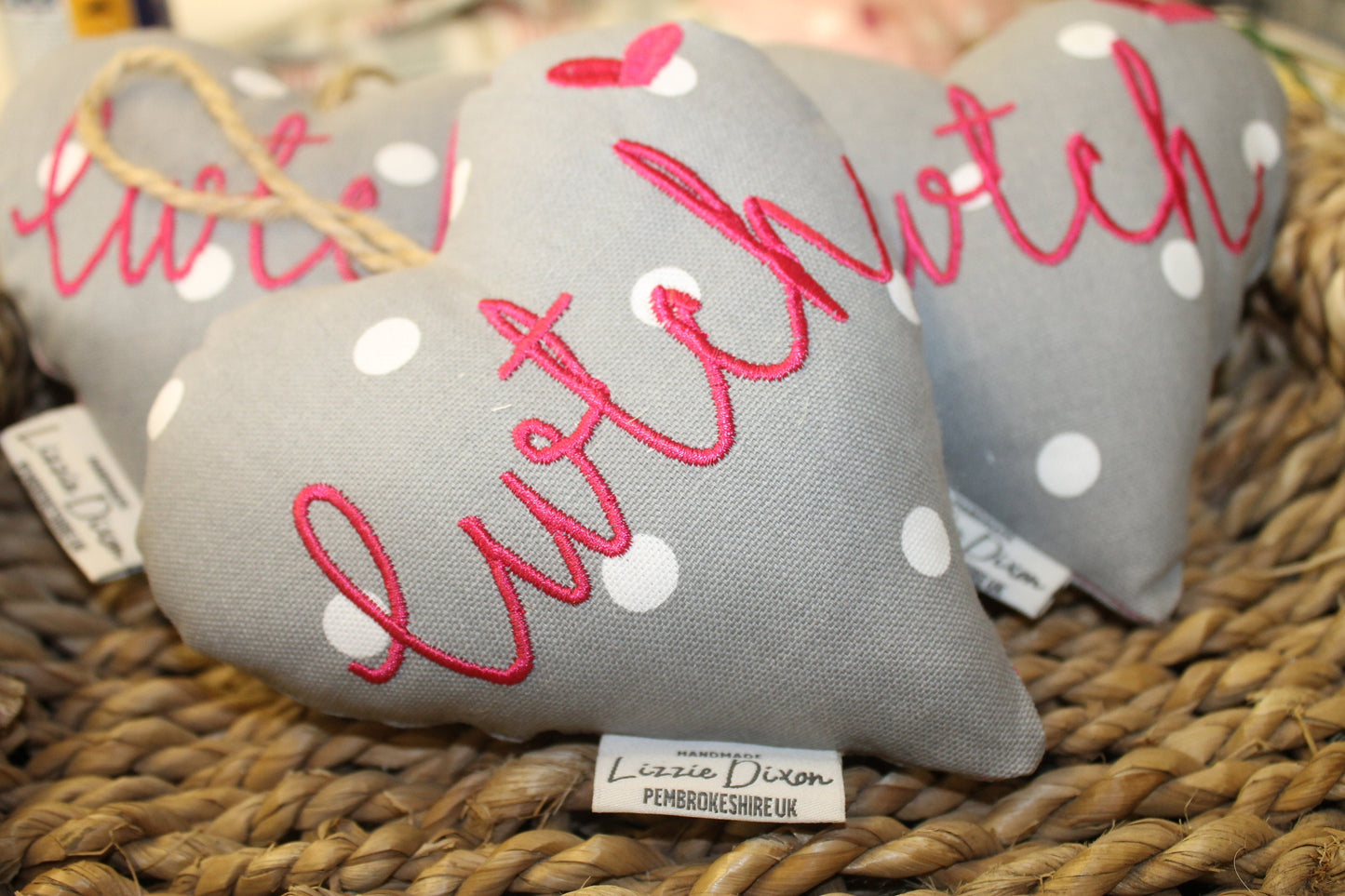 Cwtch Hanging Heart Grey and Bright Pink Hanging heart-Lavender hanging heart- Cwtch Bright pink and Grey Dotty fabric Hanging Heart