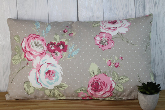 Taupe Floral Cushion-20 x 12 Rose Cushion -Shabby Chic-cottage chic-Decorative pillow - Scatter Cushion- Double sided- cushion