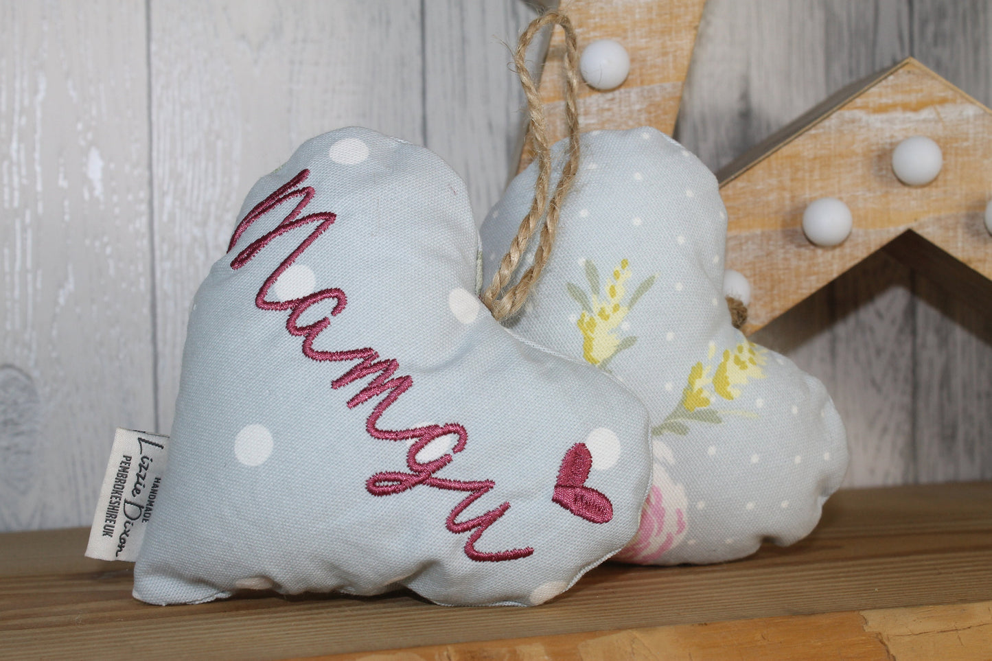 Mother's Day Decorative Hanging Heart- Mamgu Personalised Mother's Day Gift-Pale Blue Dotty and Floral Stuffed Lavender hanging Heart