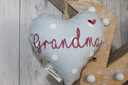 Mother's Day Decorative Hanging Heart- Grandma Personalised Mother's Day Gift-Pale Blue Dotty and Floral Stuffed Lavender hanging Heart