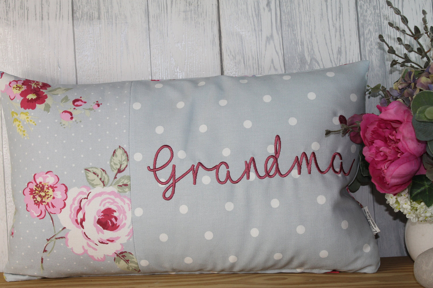 Mother's Day Gift, Personalised Cushion, Gift for Mum. Gift for Mamgu, Grandma-Personalised Mothers Gift -Pale Blue Dotty and pretty Floral