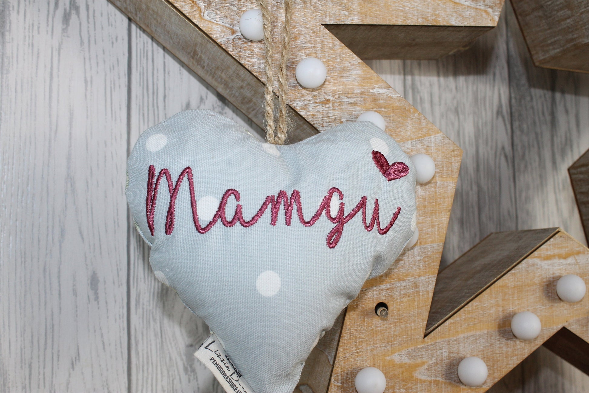 Mother's Day Decorative Hanging Heart- Mamgu Personalised Mother's Day Gift-Pale Blue Dotty and Floral Stuffed Lavender hanging Heart