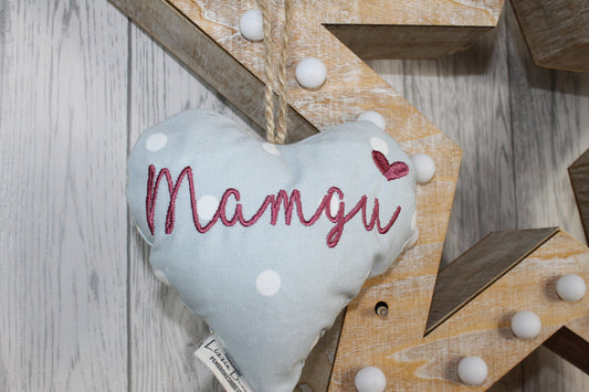 Mother's Day Decorative Hanging Heart- Mamgu Personalised Mother's Day Gift-Pale Blue Dotty and Floral Stuffed Lavender hanging Heart