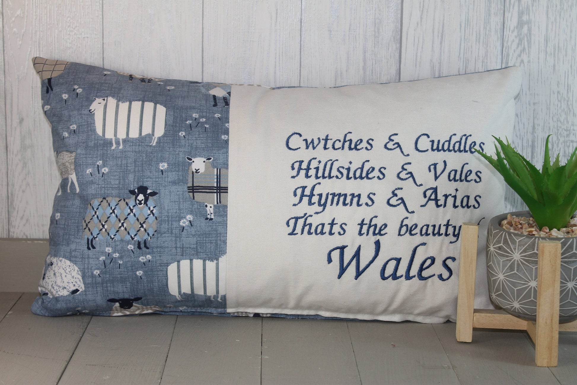 Sheep wearing jumpers-Cwtchs & Cuddles Blues and Taupe woolly sheep jumper cushion- 20x12" Cushion-Decorative cushion -Throw cushion