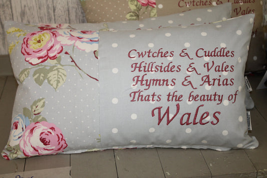 Welsh cushion- Welsh quote Cushion- Blue Floral and Dotty rectangle cushion-