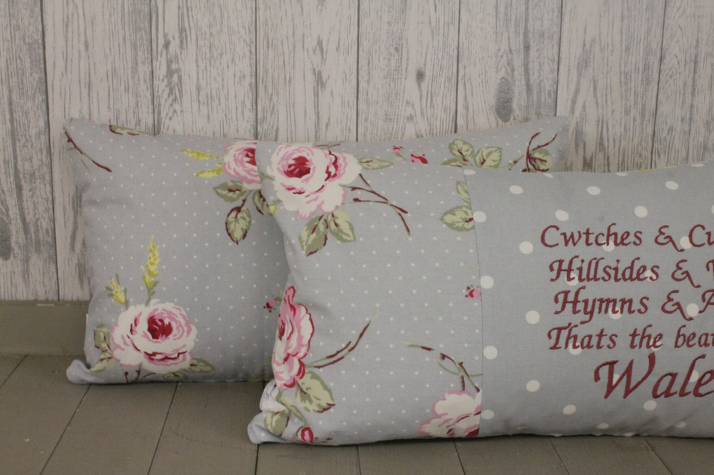 Welsh cushion- Welsh quote Cushion- Blue Floral and Dotty rectangle cushion-