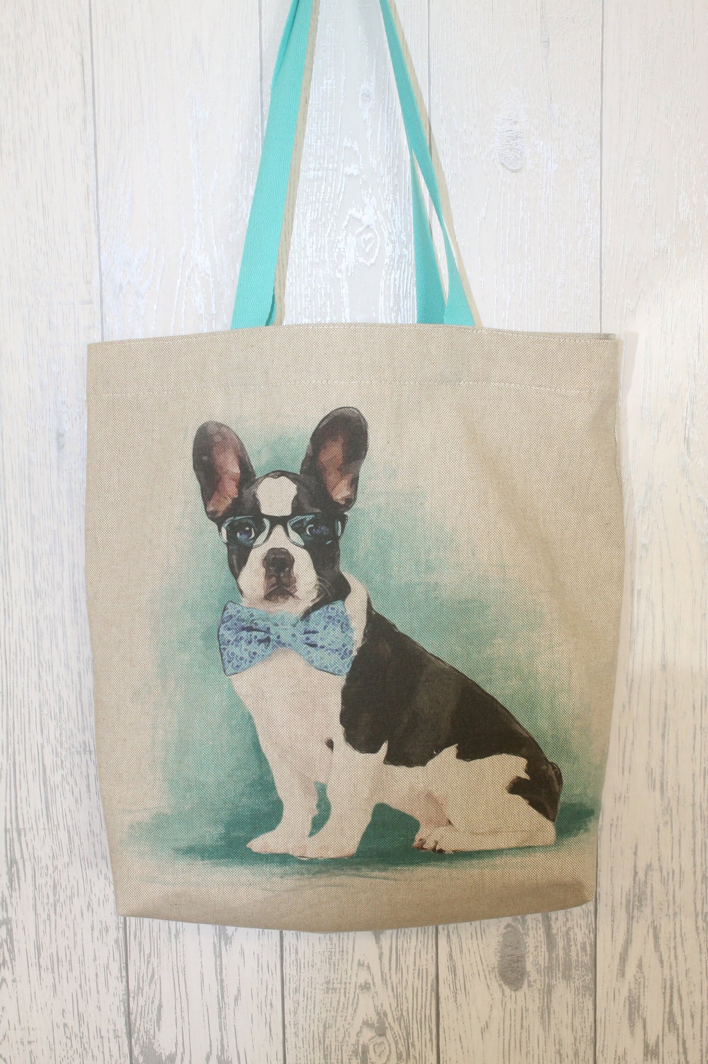 French Bulldog Tote Bag- Frenchie wearing Glasses fabric Tote Bag- Novelty French bulldog shoulder bag. handmade fabric Shoulder bag