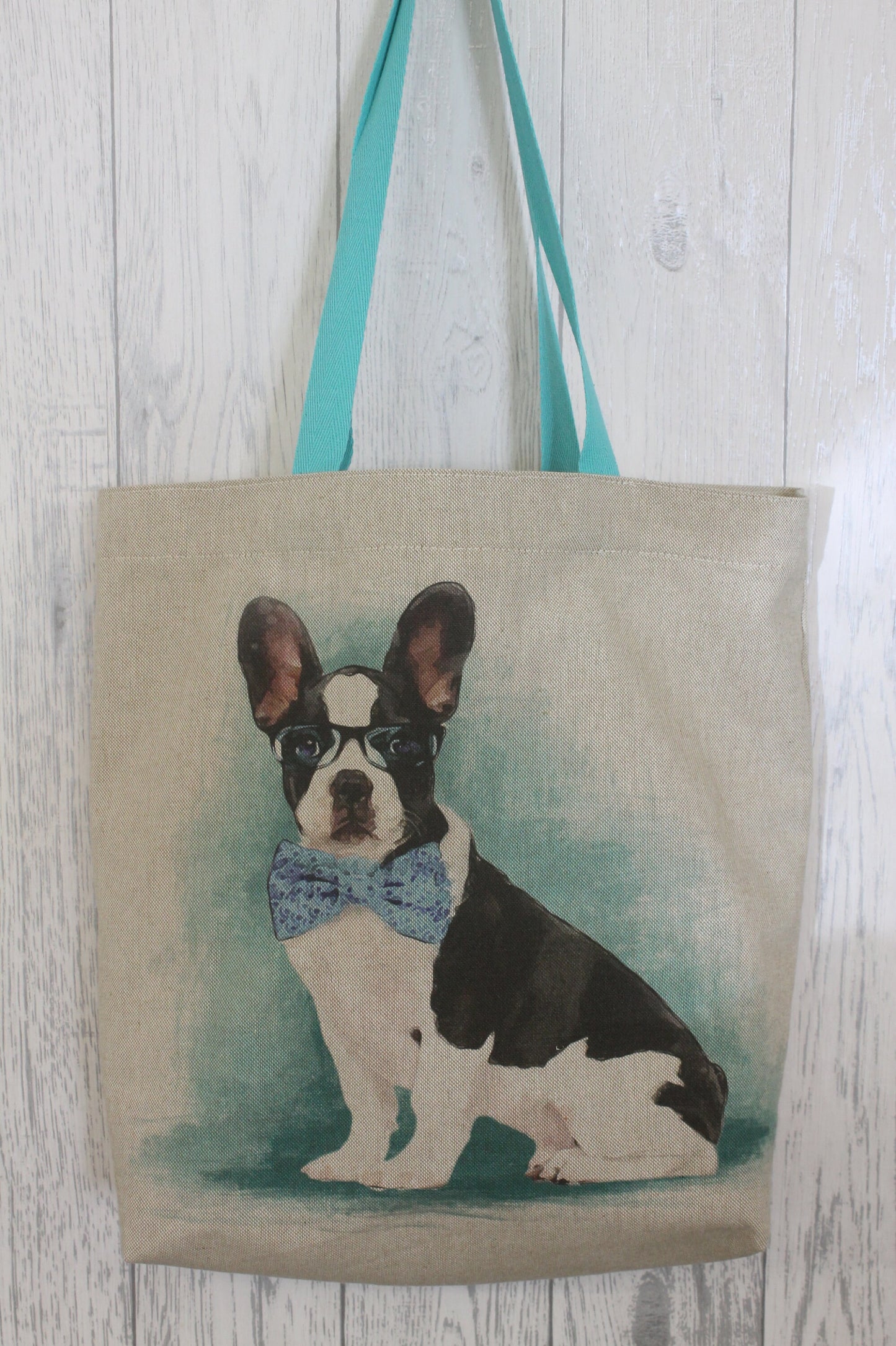 French Bulldog Tote Bag- Frenchie wearing Glasses fabric Tote Bag- Novelty French bulldog shoulder bag. handmade fabric Shoulder bag