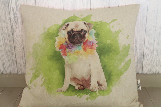 Party pug Cushion- 18" Square- Novelty Party Pug Cushion -Printed pug wearing garland -natural beige colour fabric