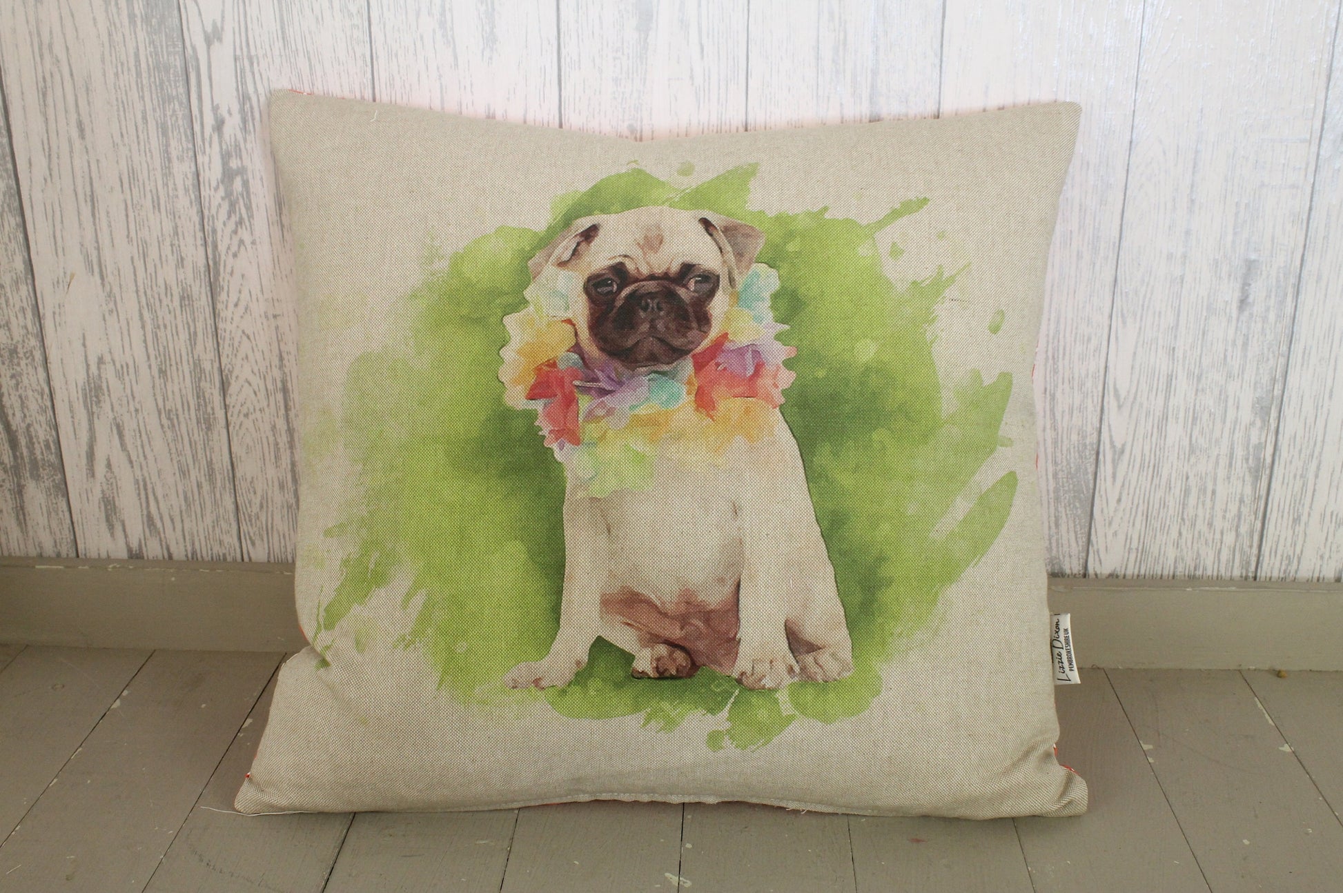 Party pug Cushion- 18" Square- Novelty Party Pug Cushion -Printed pug wearing garland -natural beige colour fabric