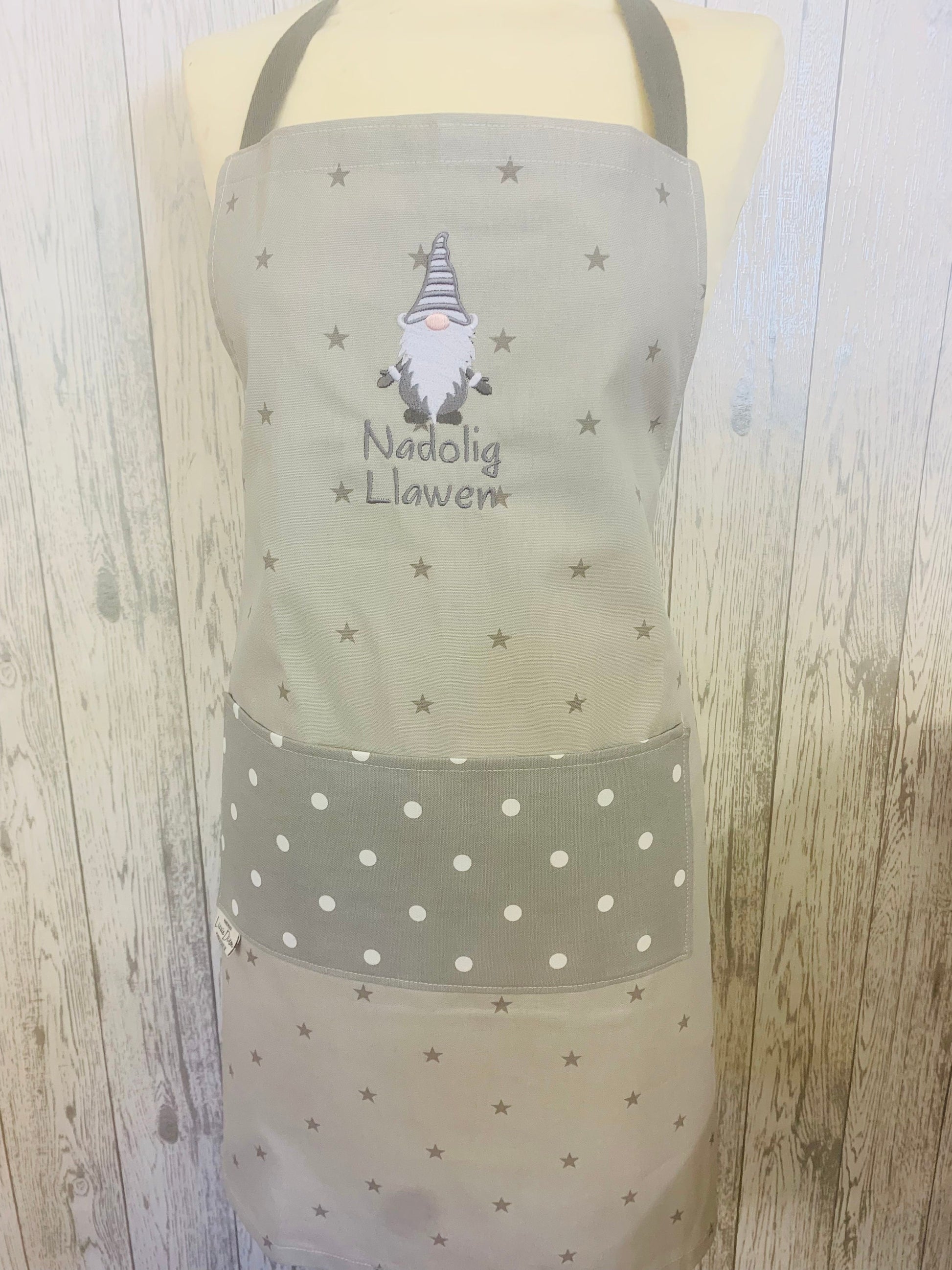 Christmas Apron-Nadolig Llawen Festive gnome apron- Christmas Adult Apron -Grey Gnome Apron