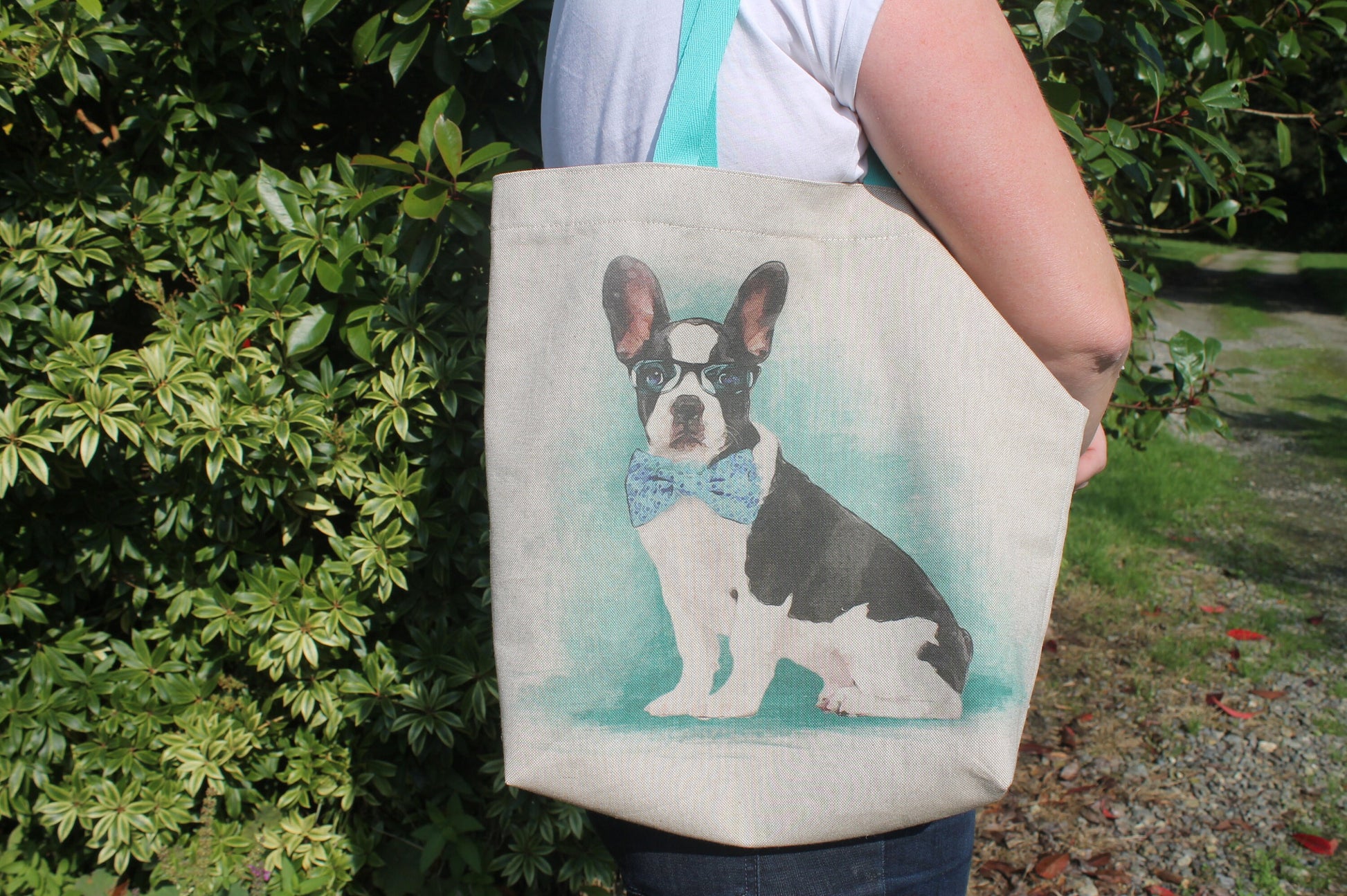 French Bulldog Tote Bag- Frenchie wearing Glasses fabric Tote Bag- Novelty French bulldog shoulder bag. handmade fabric Shoulder bag