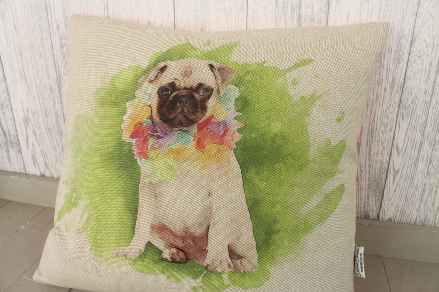 Party pug Cushion- 18" Square- Novelty Party Pug Cushion -Printed pug wearing garland -natural beige colour fabric