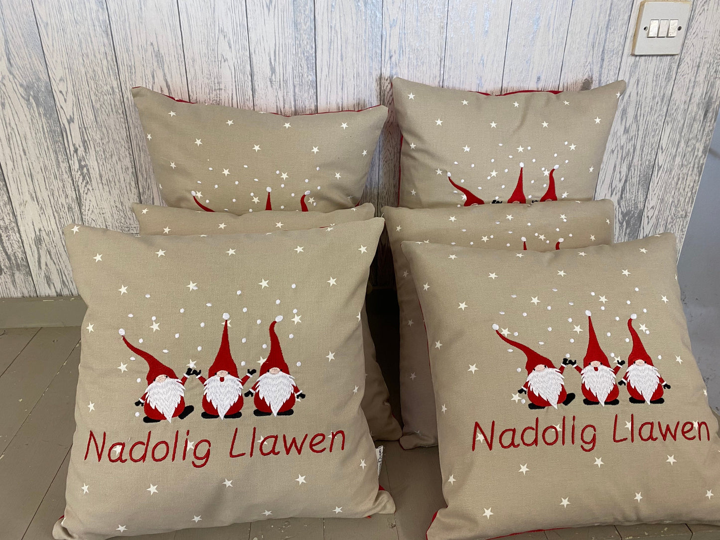 Merry Christmas 14” Gnomes Cushion, Red and Taupe Star Festive Cushion-Festive Gnomes- Christmas Gnomes-