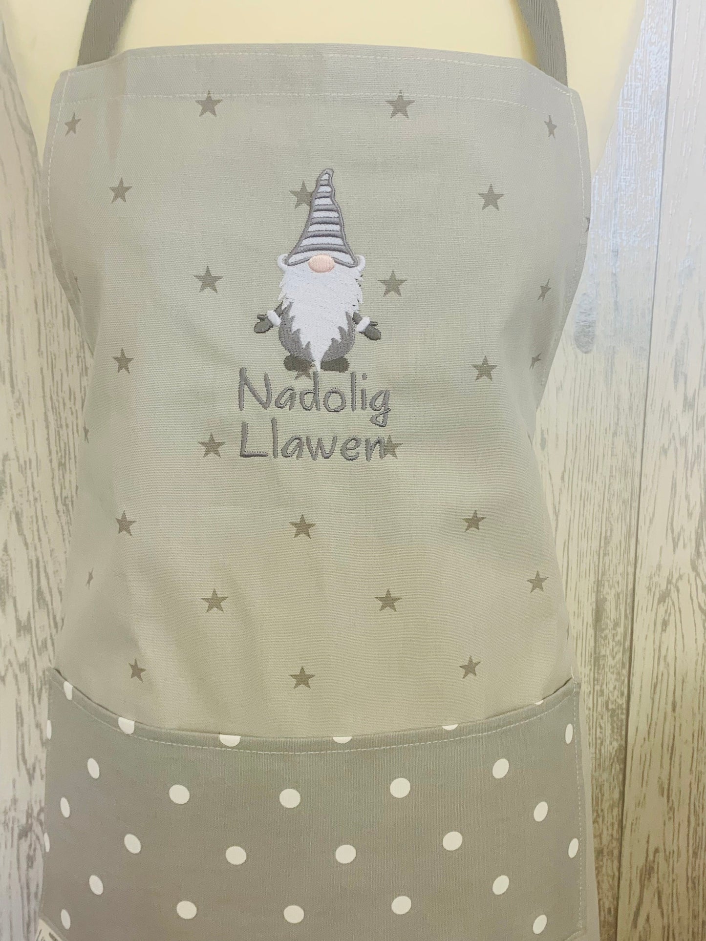 Christmas Apron-Nadolig Llawen Festive gnome apron- Christmas Adult Apron -Grey Gnome Apron