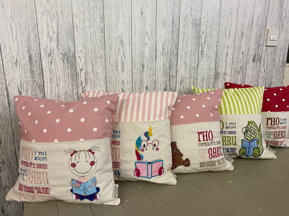 Book Cushion-Children's Reading Pillow~Personalised Cushion with Pocket-Cute little Girl reading Pillow~Book Lovers Gift~Travel Pillow-