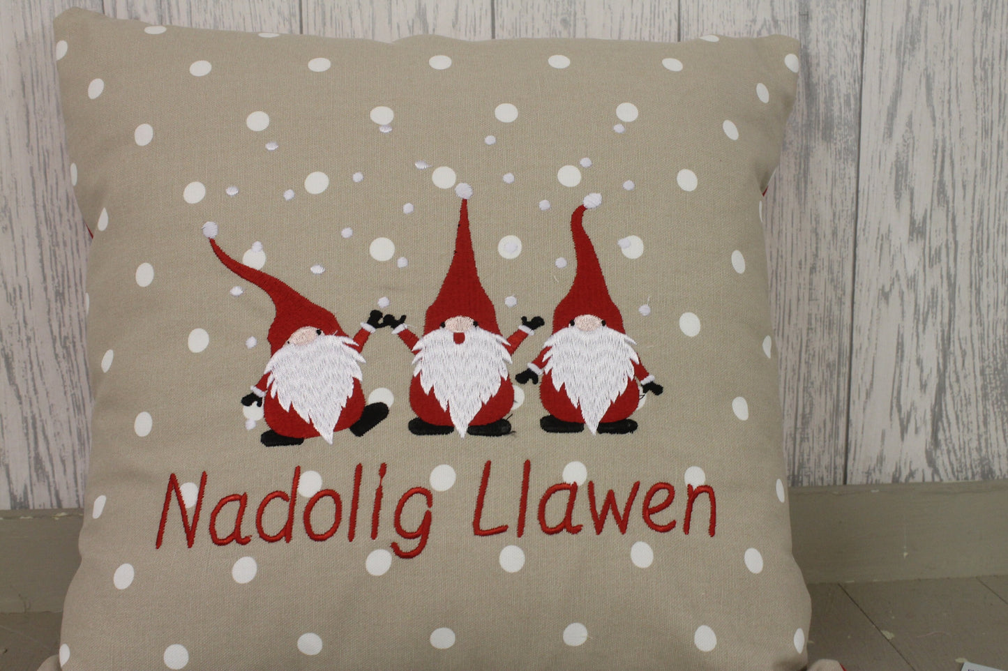 16” Christmas Gnomes Cushion, Festive Cushion-Festive Gnomes- Welsh Christmas Gnomes-Nadolig Llawen.