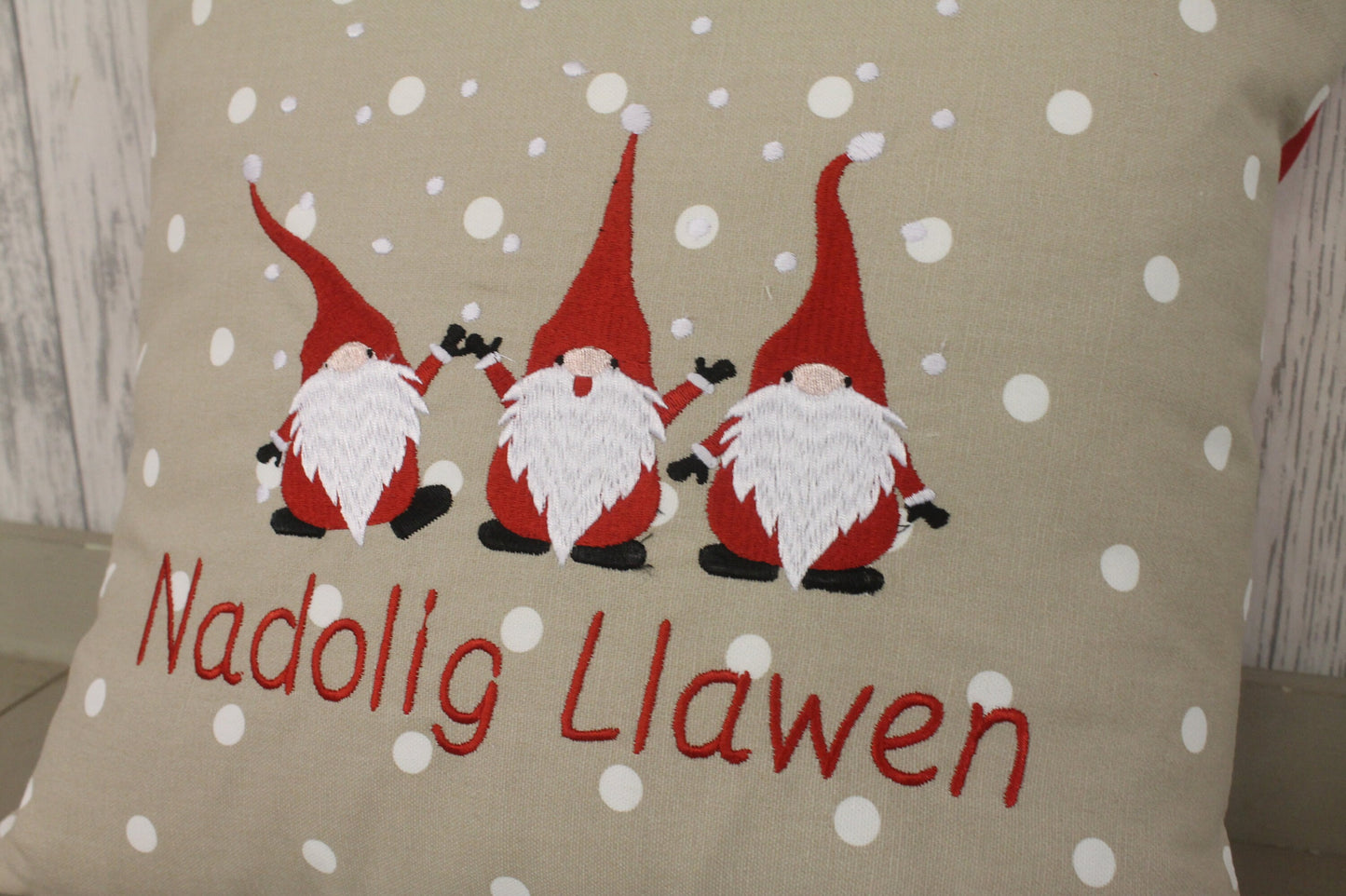 16” Christmas Gnomes Cushion, Festive Cushion-Festive Gnomes- Welsh Christmas Gnomes-Nadolig Llawen.