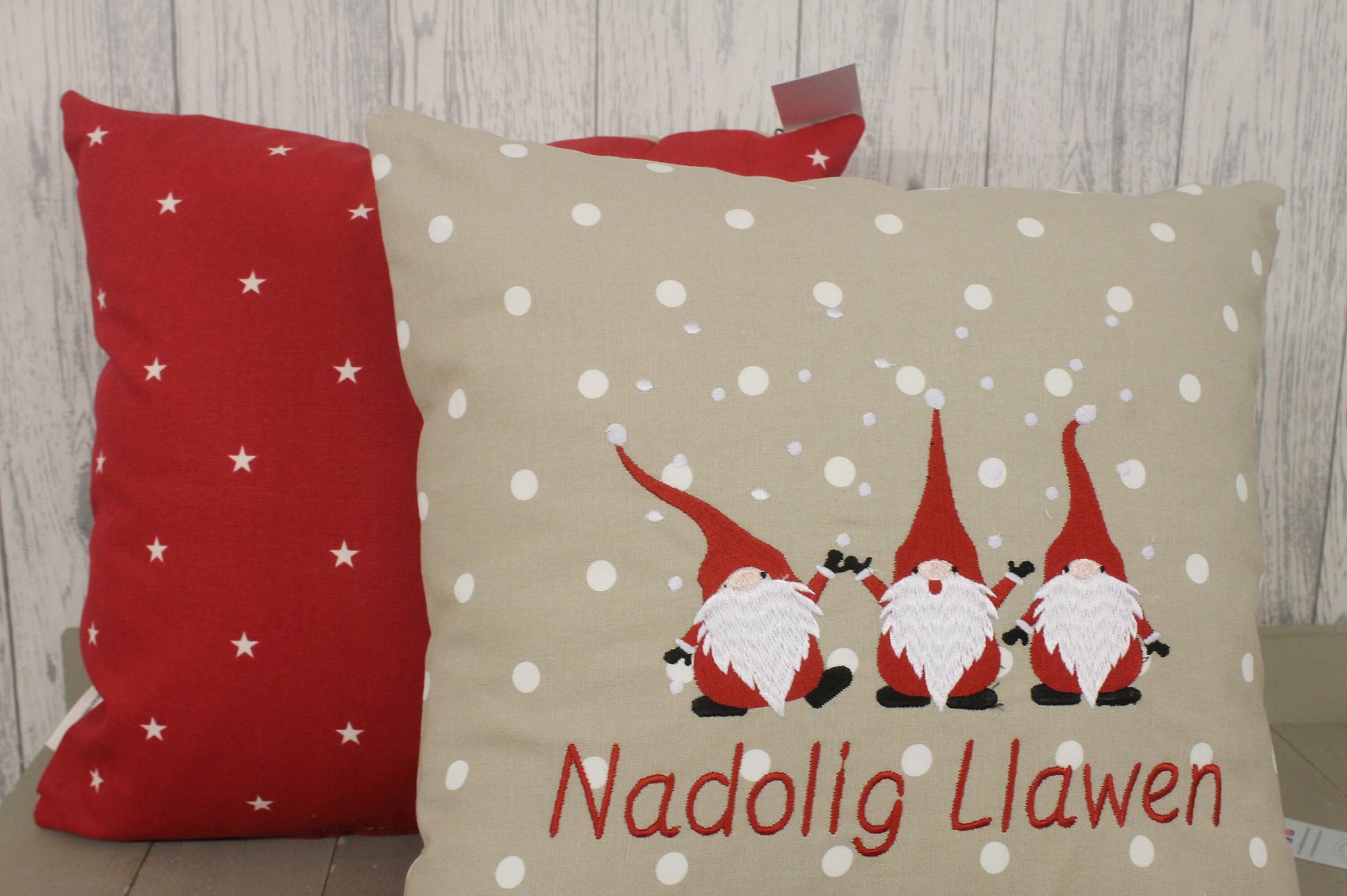 16” Christmas Gnomes Cushion, Festive Cushion-Festive Gnomes- Welsh Christmas Gnomes-Nadolig Llawen.