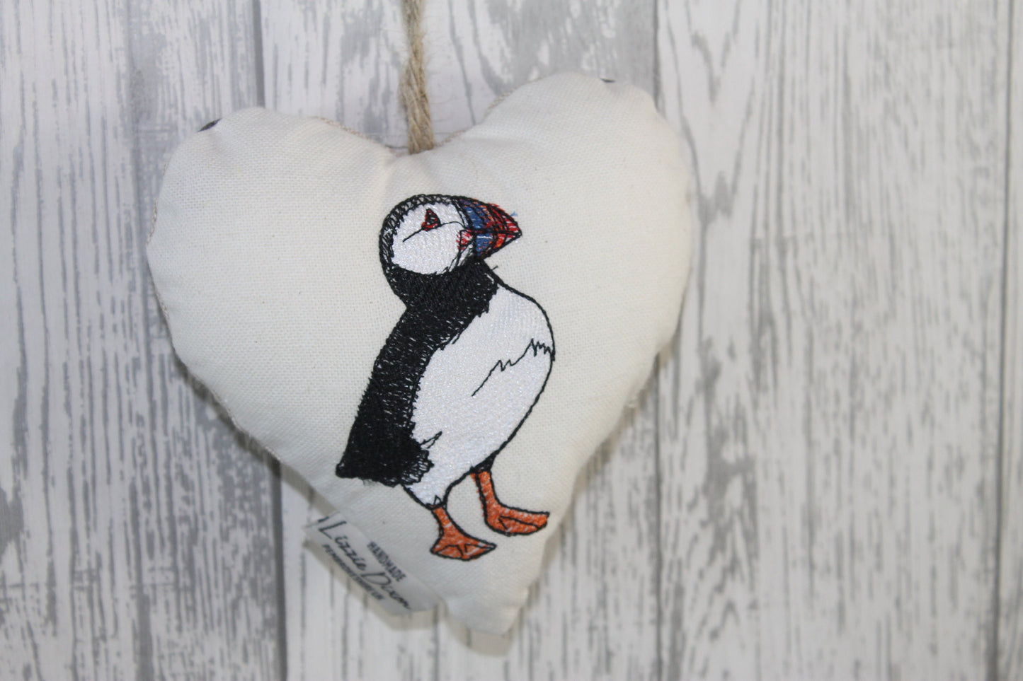 Puffin Hanging Heart-Cute Puffin fabric hanging heart. Lavender Fabric Heart