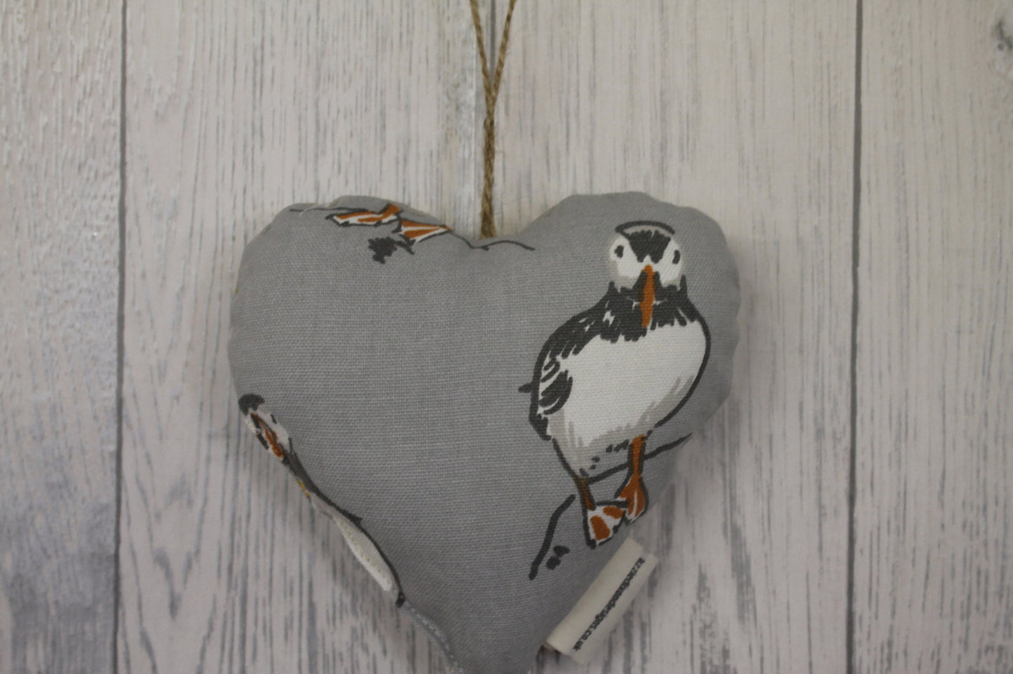 Puffin Hanging Heart-Cute Puffin fabric hanging heart. Lavender Fabric Heart