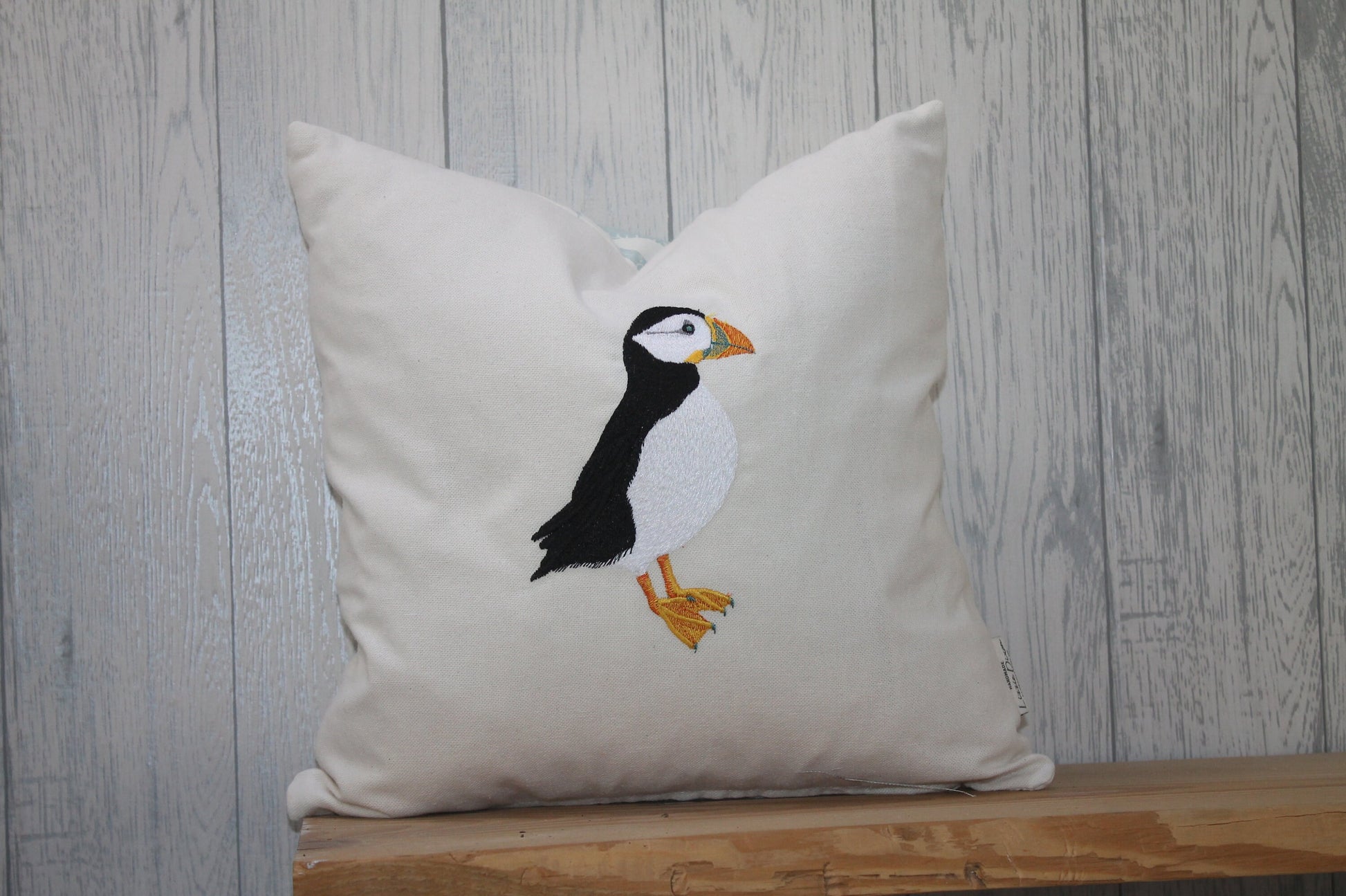 Puffin cushion -14" White Linen look and Nautical cushion embroidered puffin Cushion-bird cushion-