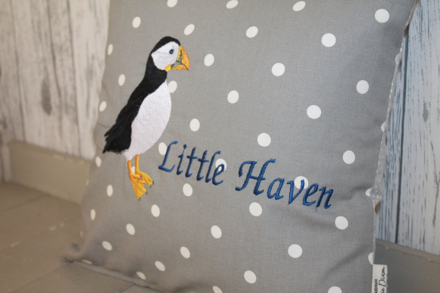 Personalised Puffin cushion -14" Nautical and Puffin - embroidered puffin pillow - puffin gift -Personalised Puffin pillow - bird cushion