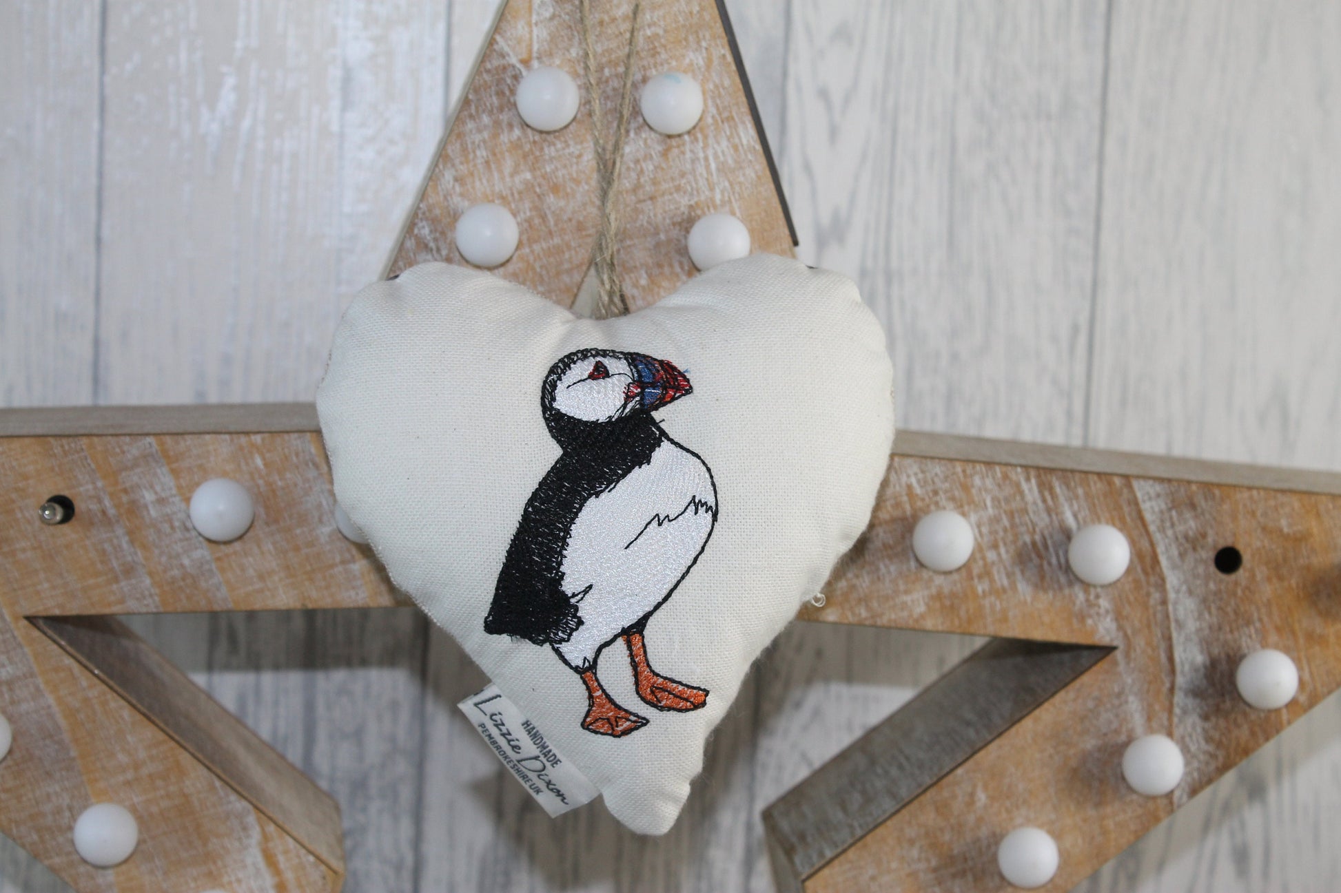 Puffin Hanging Heart-Cute Puffin fabric hanging heart. Lavender Fabric Heart