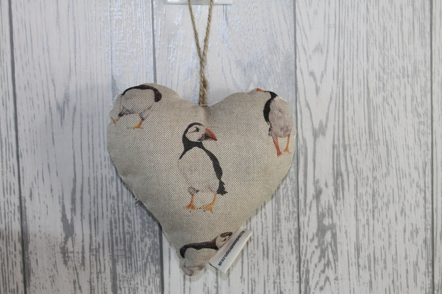 Puffin Hanging Heart-Cute Puffin fabric hanging heart. Lavender Fabric Heart