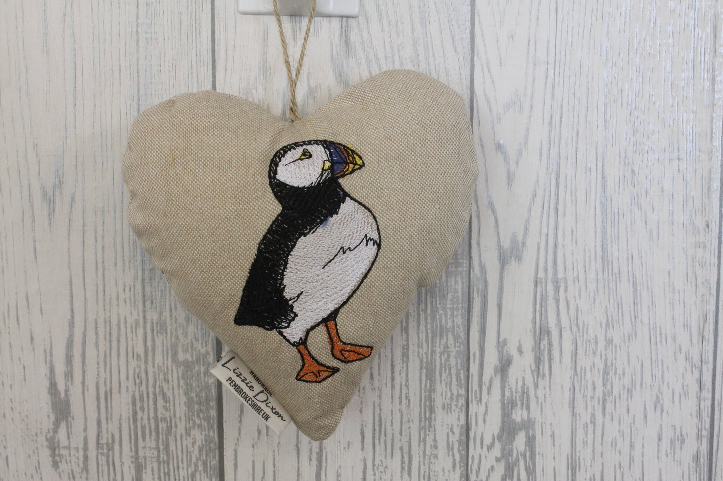 Puffin Hanging Heart-Cute Puffin fabric hanging heart. Lavender Fabric Heart