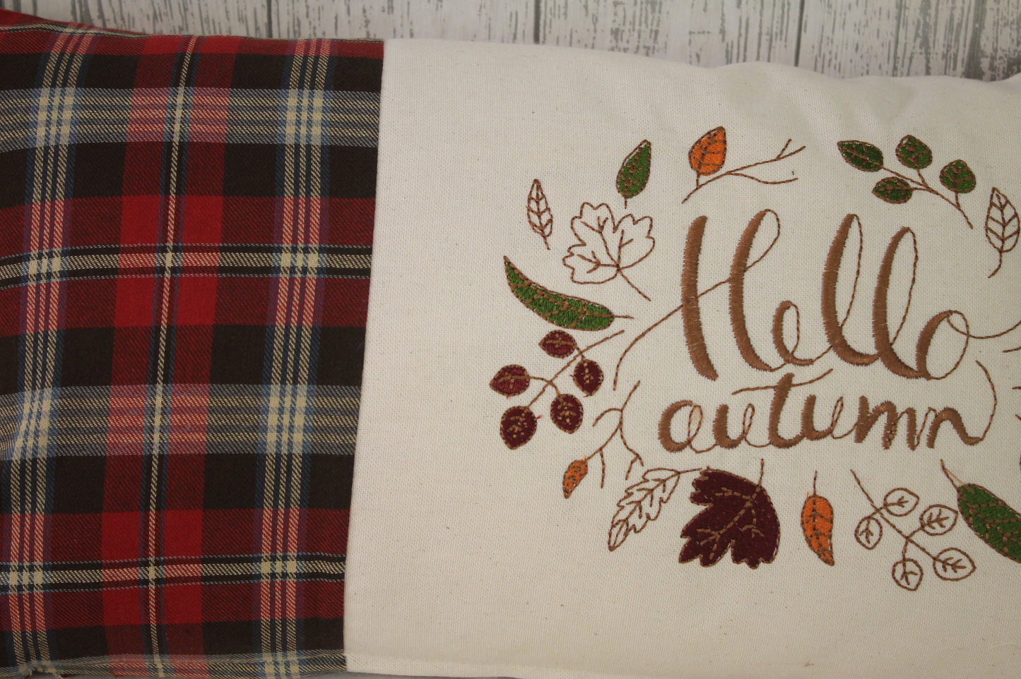 Hello Autumn Cushion-Autumnal cushion- Red and cream Plaid Cushion.