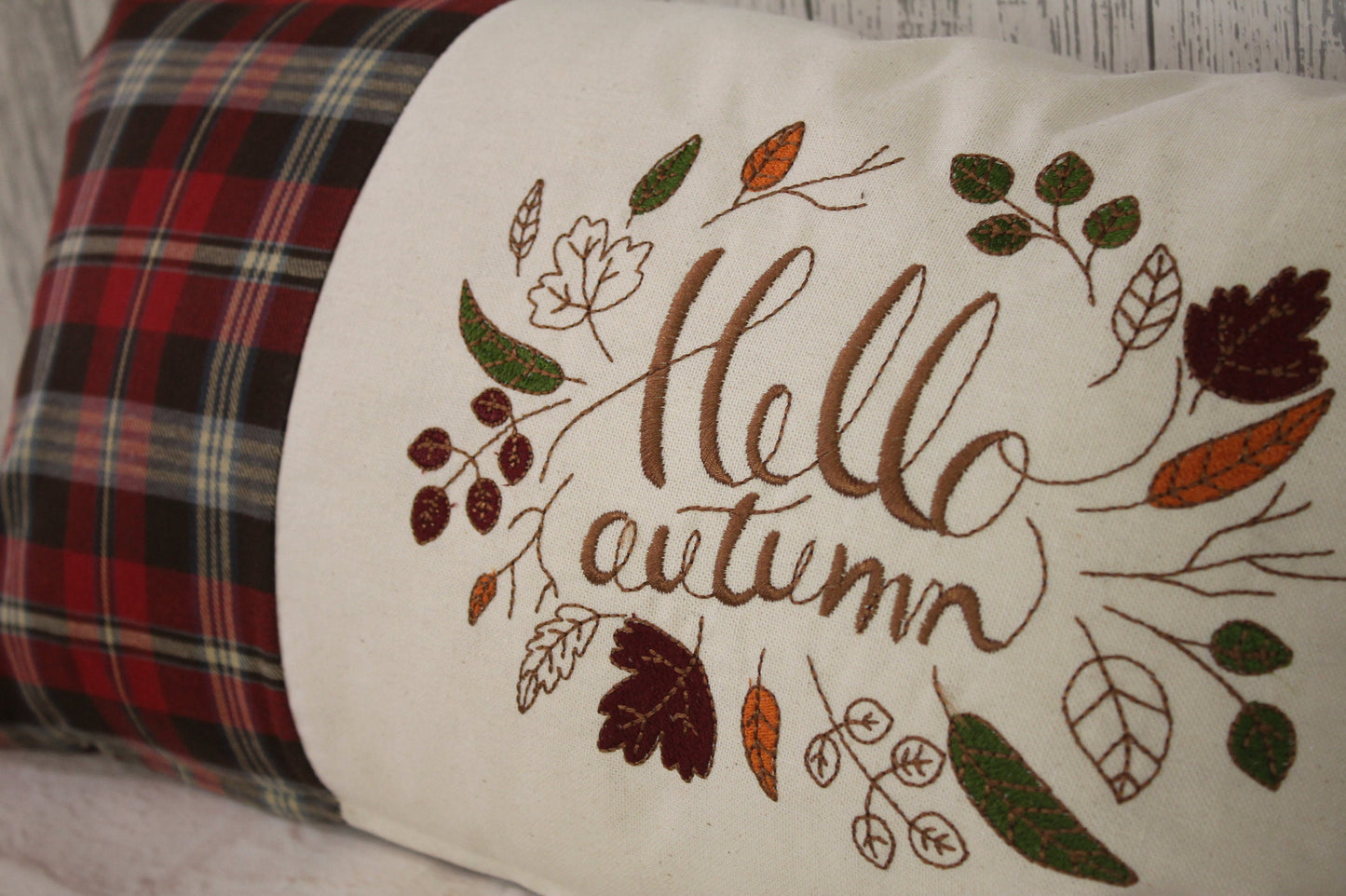 Hello Autumn Cushion-Autumnal cushion- Red and cream Plaid Cushion.