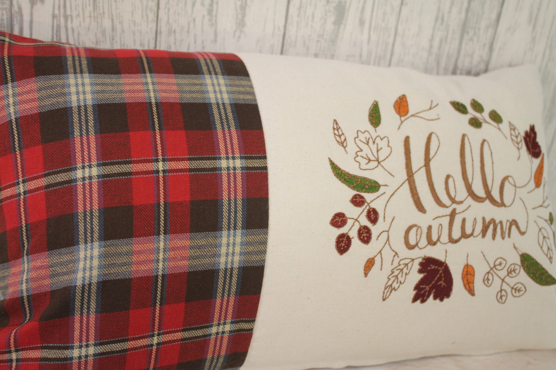 Hello Autumn Cushion-Autumnal cushion- Red and cream Plaid Cushion.