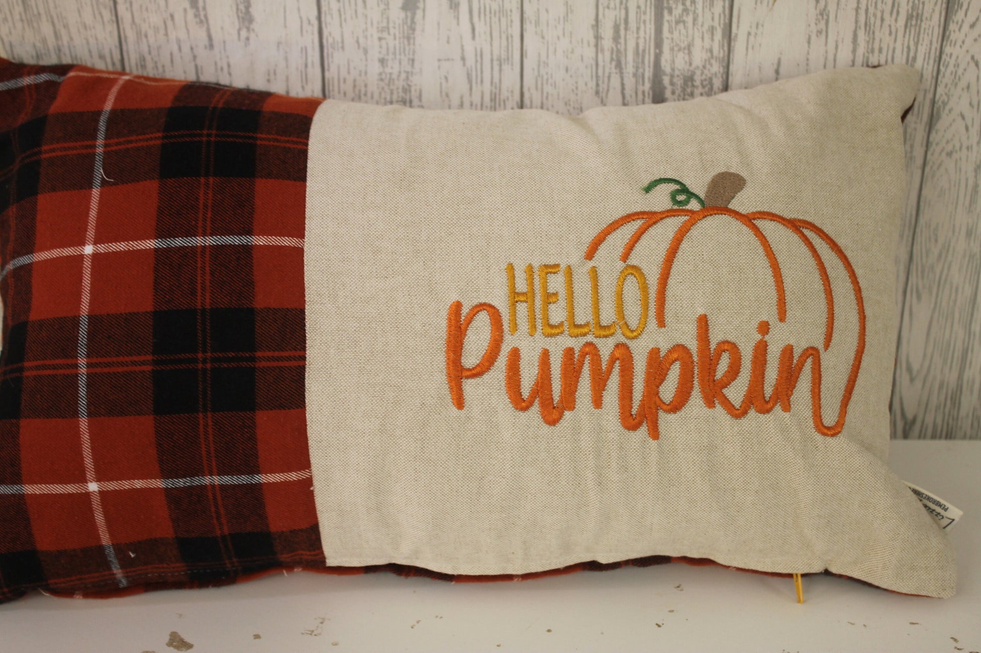 Hello pumpkin Cushion-Autumnal cushion- Orange and cream Plaid Cushion.