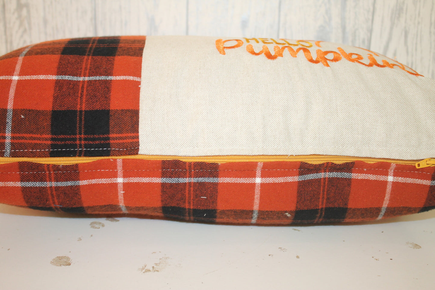 Hello pumpkin Cushion-Autumnal cushion- Orange and cream Plaid Cushion.