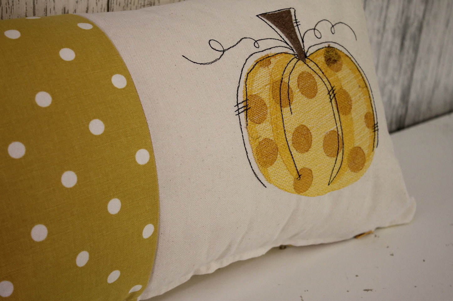 Pumpkin Cushion- Autumn Cushion -Mustard Dotty and Pumpkin Panel Long Cushion- Autumnal Decoration-Autumnal Cushion- Pumpkin Cushion-