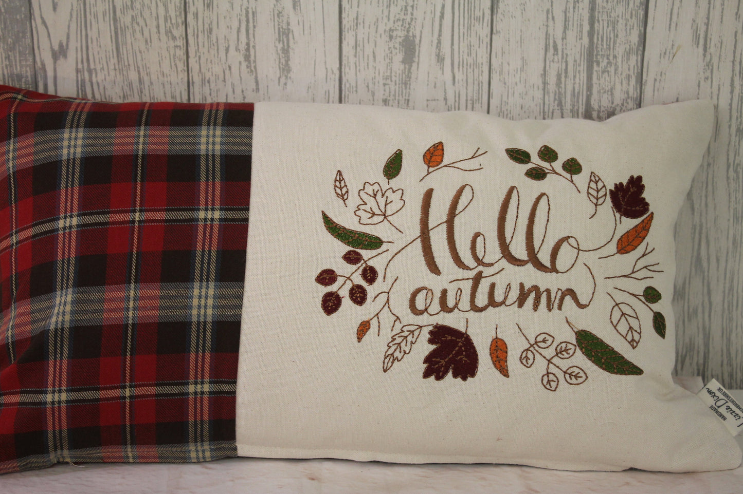 Hello Autumn Cushion-Autumnal cushion- Red and cream Plaid Cushion.