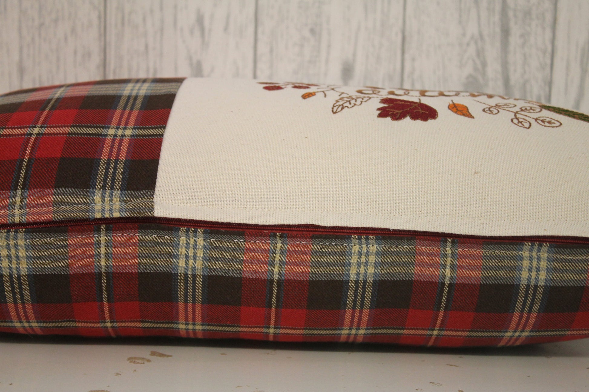 Hello Autumn Cushion-Autumnal cushion- Red and cream Plaid Cushion.