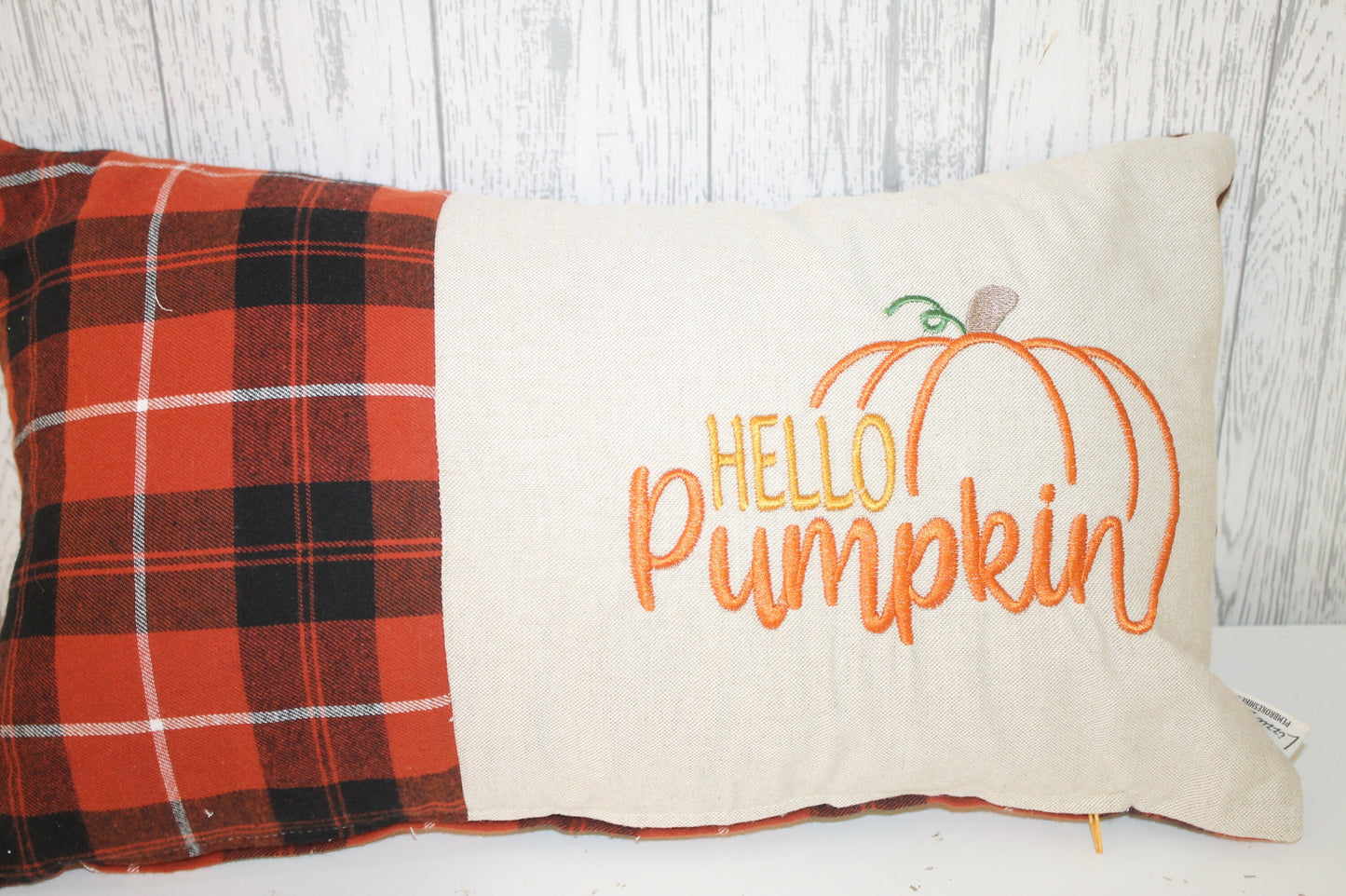 Hello pumpkin Cushion-Autumnal cushion- Orange and cream Plaid Cushion.