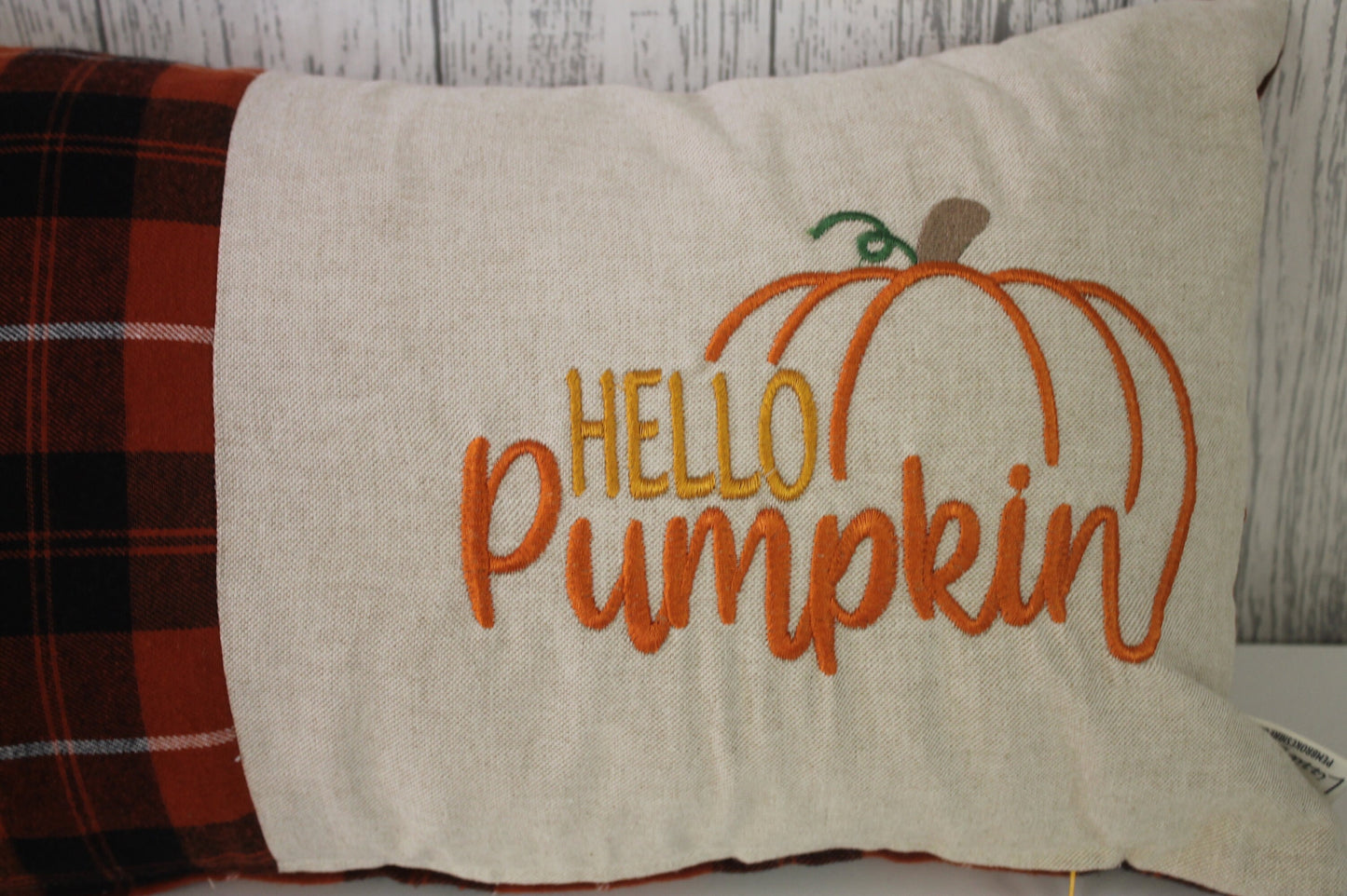 Hello pumpkin Cushion-Autumnal cushion- Orange and cream Plaid Cushion.