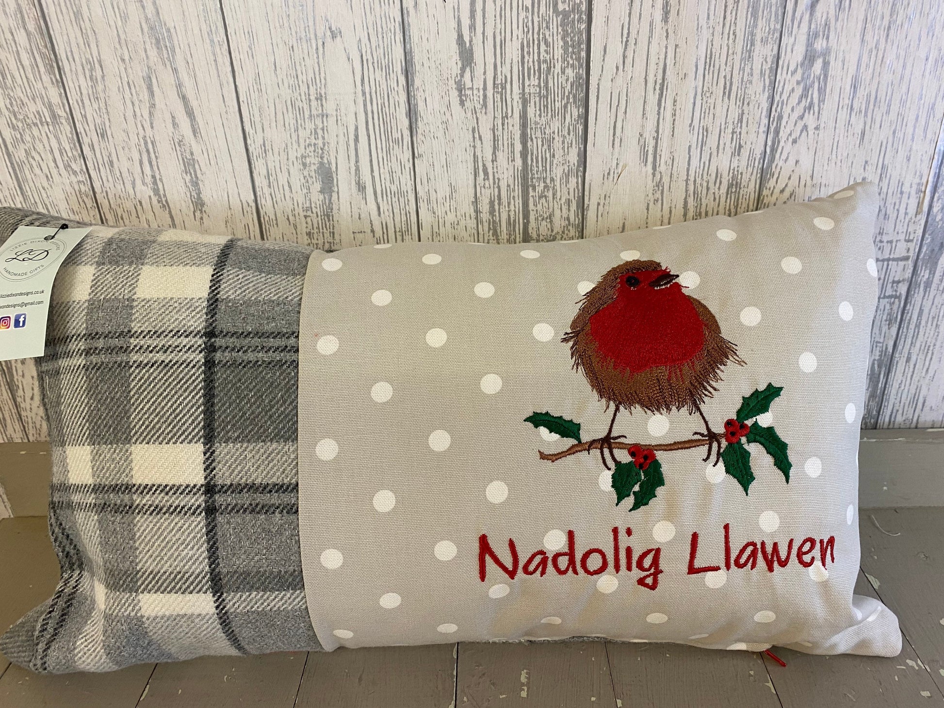 Christmas Robin ,fluffy Robin embroidered cushion Nadolig Llawen grey Christmas decor